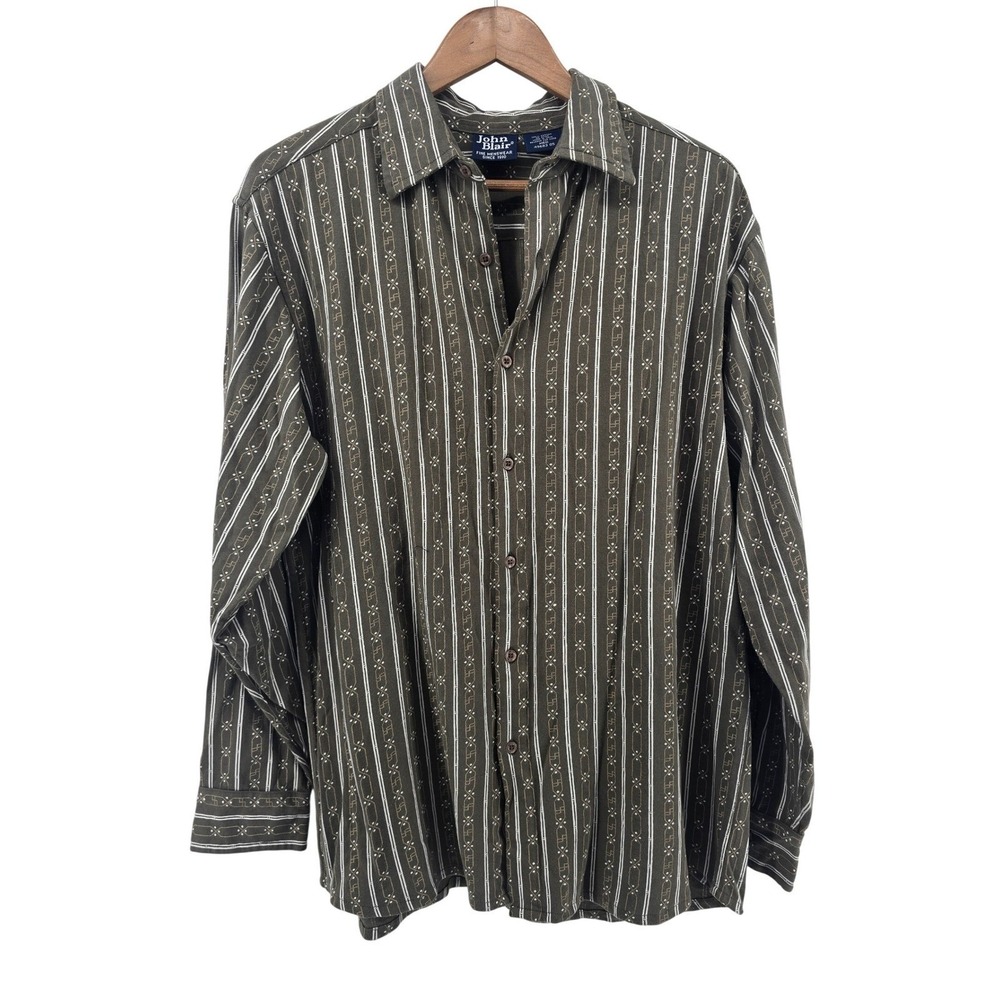 John Blair Button Down Shirt Mens Medium Olive Green Striped Cotton 49683 05